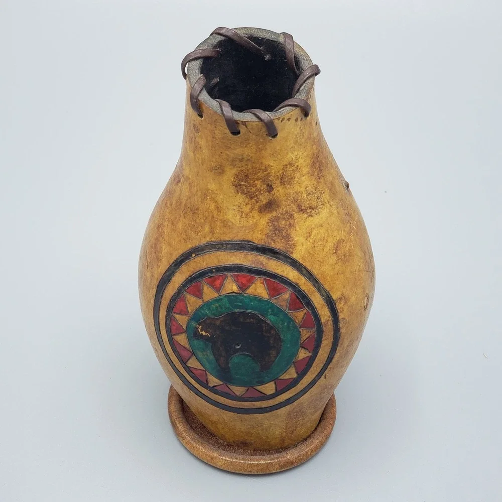Hand Painted Southwestern Gourd‎ Vase Art Decor Zuni Bear Motif Folk Art
